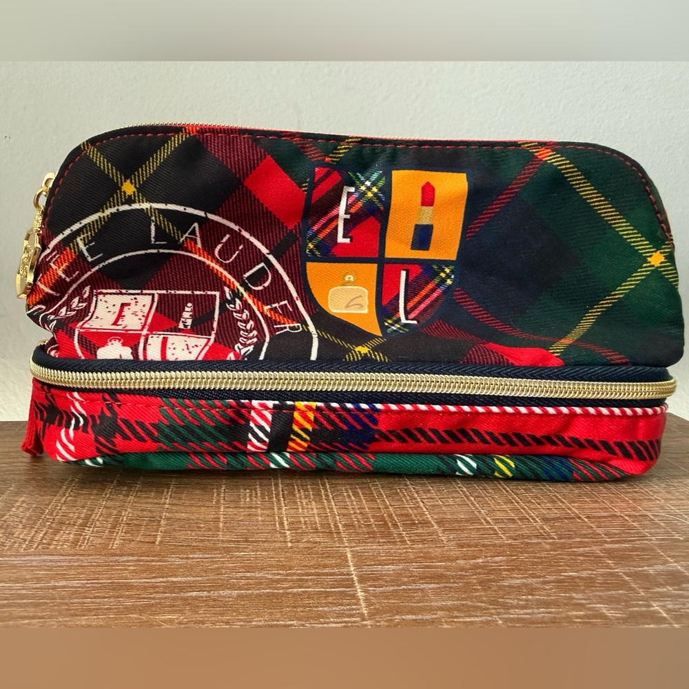 Estee Lauder Cosmetic Makeup Bag Plaid Tartan Two Zippered Sections